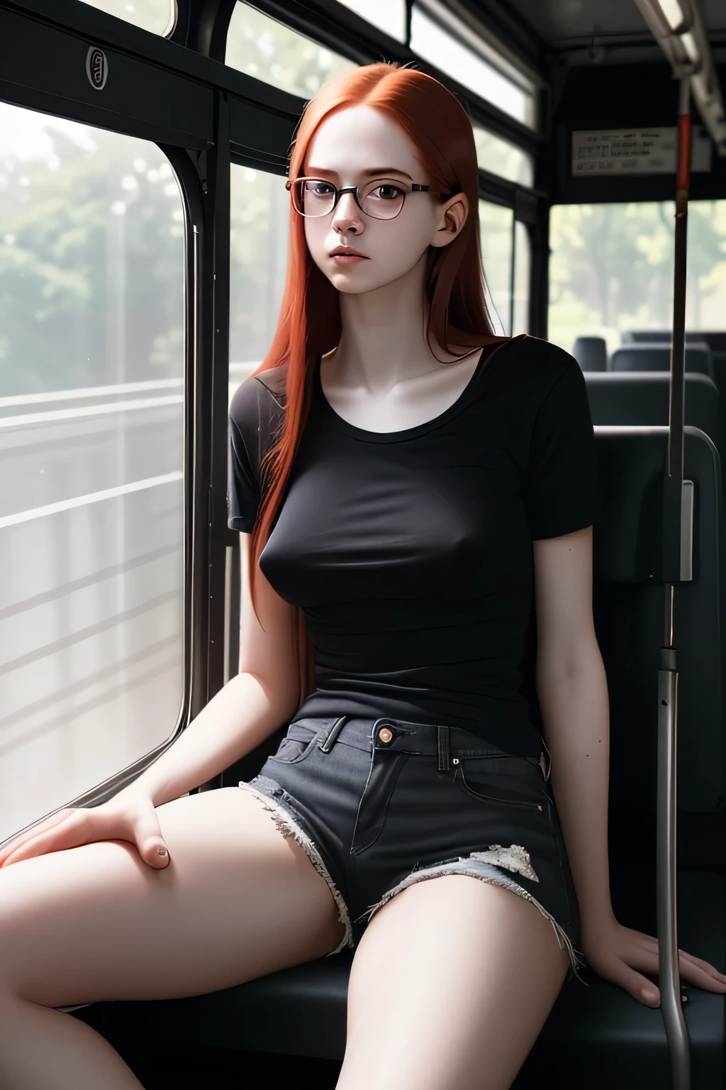 18 year old girl, long straight red hair, glasses, medium breasts, small pert nipples, tight black tshirt, tight black Jean cutoff shorts, long legs, pale flawless skin, natural beauty, sitting on the bus looking out of the window, (photorealistic:1.2), high quality photography, natural light