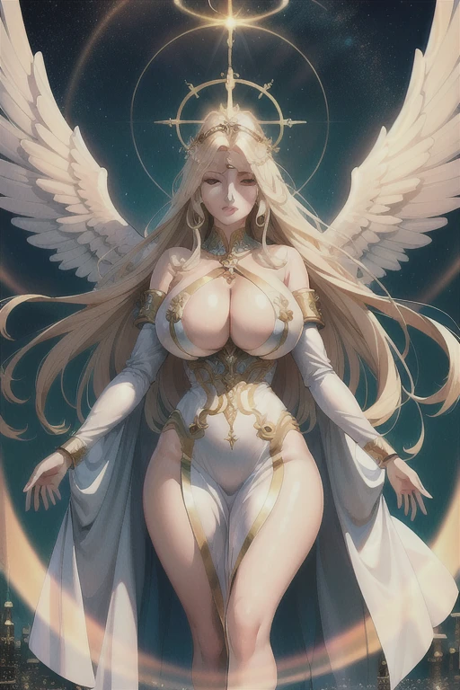 Reality, (Surrealism:1.2), beautiful, masterpiece, best quality, Extremely detailed face, Perfect lighting, Beautiful hands, Perfect hands, (((Large Breasts、Low-cut，Cleavage, Wide hips,)))((Long legs)),Hourglass figure,   Holy and radiant angel，Radiating heavenly light, (The existence of heaven:1.2), (Calm expression), (Majestic wings), (Ethereal Light:1.1), (Calm and comfortable), (Otherworldly beauty), (divine grace), (symbol of purity), (Golden Halo), (Exciting atmosphere), (skyline), (spiritual enlightenment), (Gentle and protective), (Illumination light:1.2), (Angel Image), (harmony and tranquility), (angel robe), (eternal and sacred), (Enchanting aura), (Treatment and guidance)