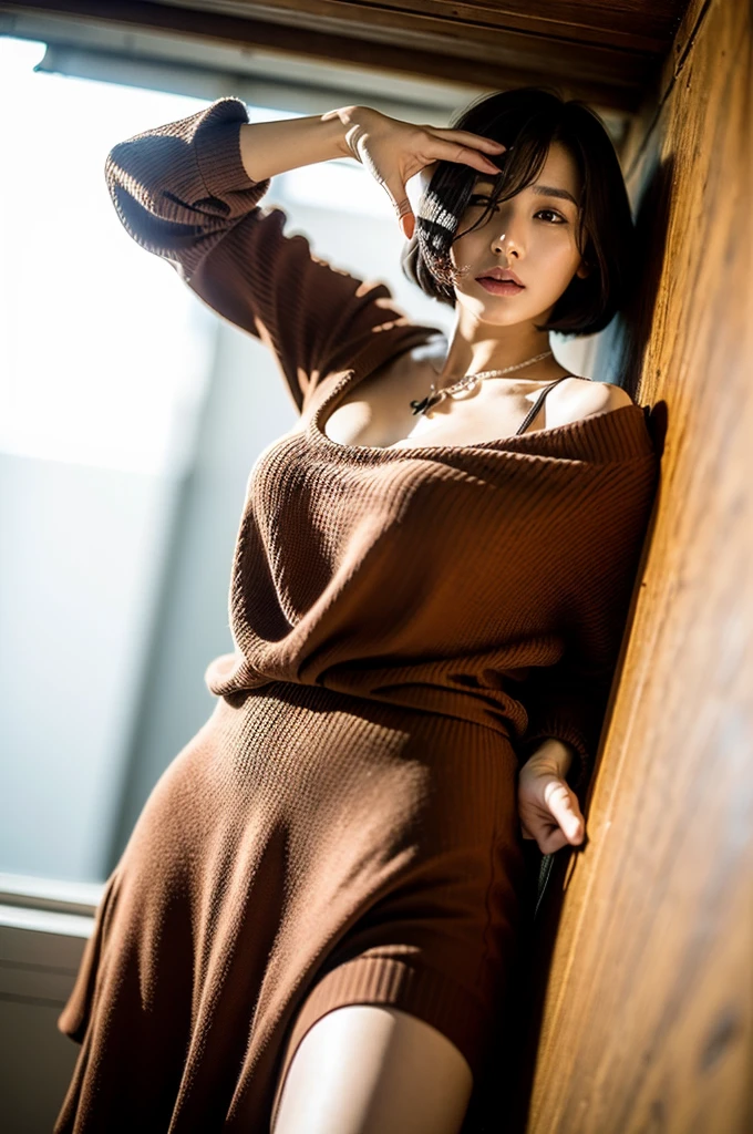 (highest quality, 8k, 32k, masterpiece, Ultra-high resolution:1.2),Beautiful Japanese Women Photos, Big Breasts, Very short bob hair,Upper Body,Face Focus,Extra Large_sweater, necklace,  background, From above, View Viewer,