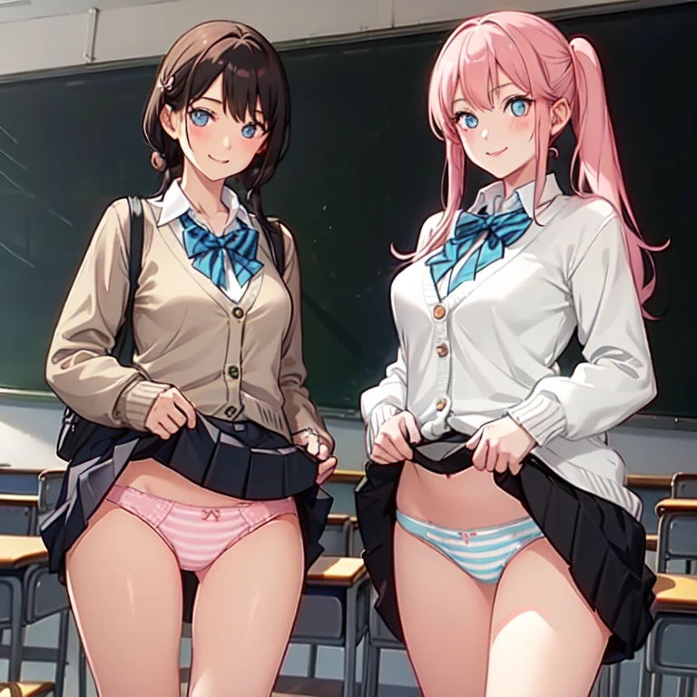 2 girls, ((smile:1.3)), shirt, skirt, (small),((classroom:1.5))、、(blush:1.3)、((青いチェック柄のskirt:1.5))、Cowboy Shot、Blonde、(skirt lift:1.3),(Highly detailed panties:1.3)、(Highly detailed pink striped panties:1.3)、、(skirt that rolls up:1.3)、(Full-fledged panties:1.5)、,((Pure white cardigan))、Light blue eyes、Glowing Eyes