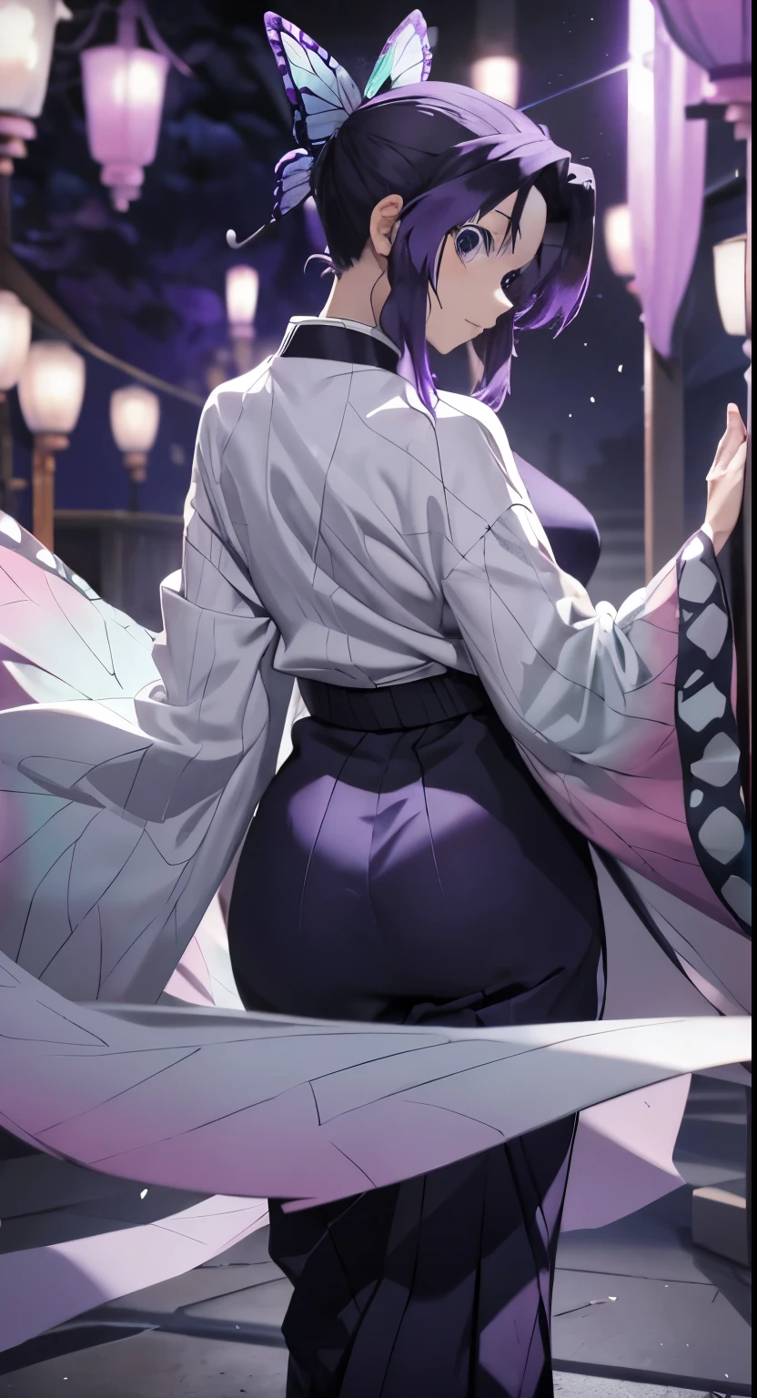 shinobu kochou, long hair, solo, PERFECT ANATOMY, photograph from behind, purple hair, blue eyes, looking at camera, tight full body hakama, slim waist, thicc thighs, tight clovhes cover whole body, FULL BODY HAKAMA, focus on ass, FULLY CLOTHED, 1girl