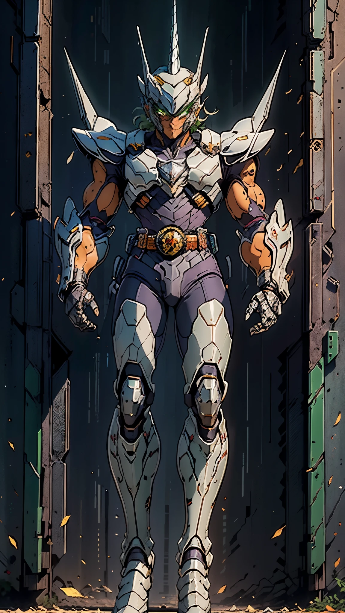 A man wearing a full-face helmet, a fantasy-style biotech armored combat suit, green eyes, (a composite layered chest armor), fully enclosed shoulder guards, matching arm and leg guards, the belt is adorned with Horseshoe-shaped marker, (the color scheme is primarily white with green accents), the design balances heavy with agility, a high-tech bio-mecha armor, (Armor Concept Inspired by Unicorn, stand on the top of a skyscraper in a futuristic sci-fi city), this character embodies a finely crafted fantasy-surreal style armored hero in anime style, exquisite and mature manga art style, (battle damage, element, plasma, energy, the armor glows), ((male:1.5)), metallic, real texture material, dramatic, high definition, best quality, highres, ultra-detailed, ultra-fine painting, extremely delicate, professional, perfect body proportions, golden ratio, anatomically correct, symmetrical face, extremely detailed eyes and face, high quality eyes, creativity, RAW photo, UHD, 32k, Natural light, cinematic lighting, masterpiece-anatomy-perfect, masterpiece:1.5