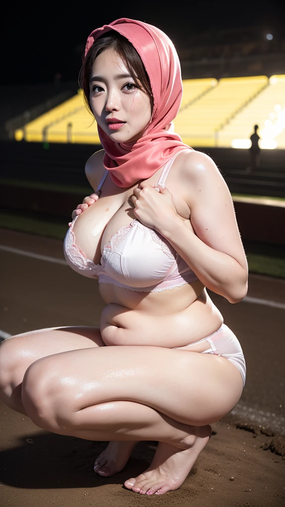 Hijab korean, mature, 50-Years-Old, big breasts, chubby, ((plump fat body)), squatting on worms, over excited face, surprised face, wearing tight satin pink bra, gazing at viewer, ((super oily body)), hands folding back, sticking body, white gel spreading on chest, ((squatting beside a thousands of earth worm at sparta stadium))