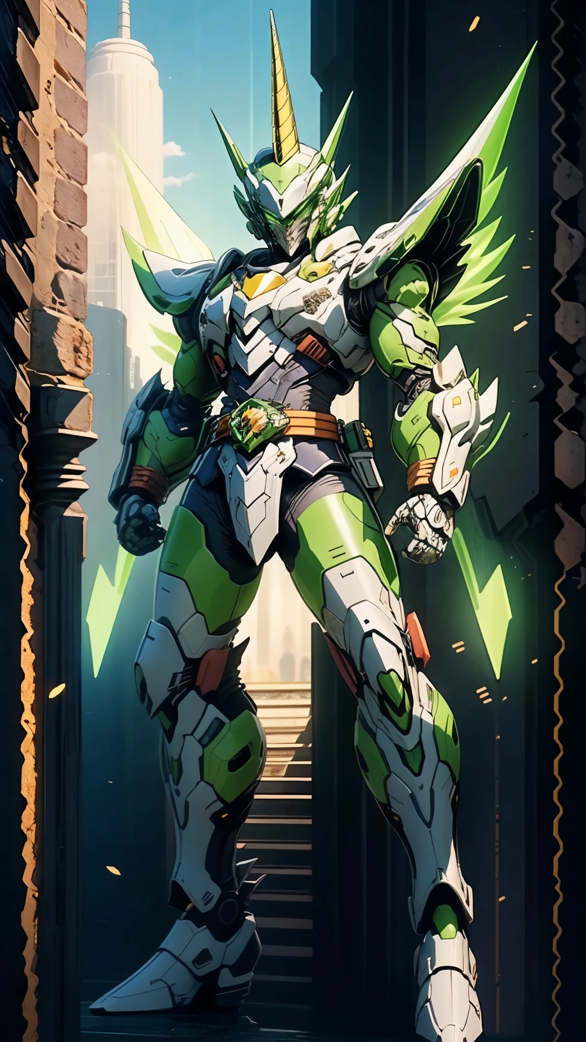 A man wearing a full-face helmet, a fantasy-style biotech armored combat suit, green eyes, (a composite layered chest armor), fully enclosed shoulder guards, matching arm and leg guards, the belt is adorned with Horseshoe-shaped marker, (the color scheme is primarily white with green accents), the design balances heavy with agility, a high-tech bio-mecha armor, (Armor Concept Inspired by Unicorn, stand on the top of a skyscraper in a futuristic sci-fi city), this character embodies a finely crafted fantasy-surreal style armored hero in anime style, exquisite and mature manga art style, (battle damage, element, plasma, energy, the armor glows), ((male:1.5)), metallic, real texture material, dramatic, high definition, best quality, highres, ultra-detailed, ultra-fine painting, extremely delicate, professional, perfect body proportions, golden ratio, anatomically correct, symmetrical face, extremely detailed eyes and face, high quality eyes, creativity, RAW photo, UHD, 32k, Natural light, cinematic lighting, masterpiece-anatomy-perfect, masterpiece:1.5
