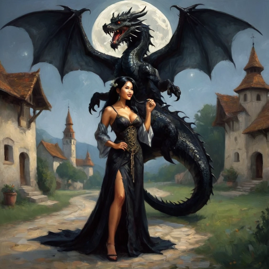 A serpentine black dragon magically transforms into a lovely Malaysian woman (dressed like a Romanian trollop), set in a medieval European village under a full moon. She is a trickster spirit and has seduction to get up too, her dress ACCIDENTALLY drops off how clumsy (show her from head to toe, she hand bra covers herself just enough to be SFW)