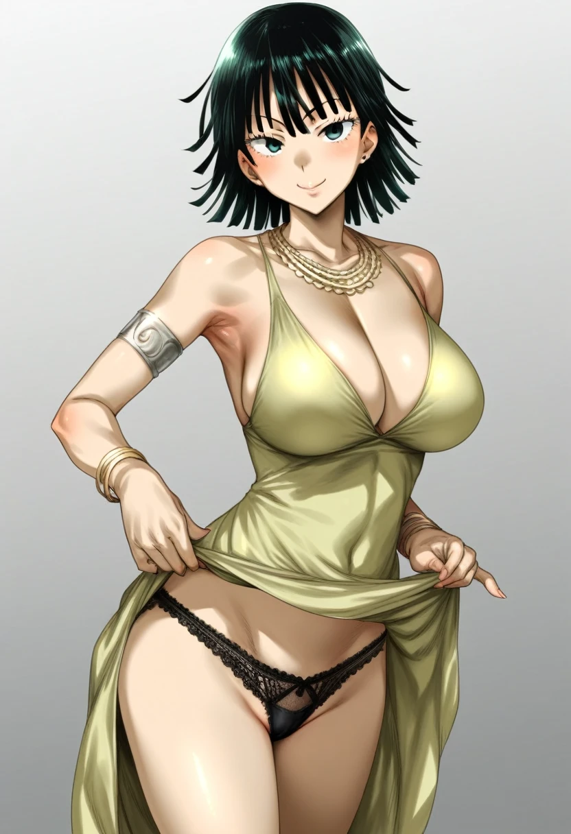 score_9, score_8_up, score_7_up, uncensored, source_anime, 1girl, solo, masterpiece, best quality, detailed face, face focus, BREAK pija_(pianiishimo), fubuki_\(one-punch_man\), evil smile, long eyelashes, looking at viewer, dress, big breast, (cleavage), golden, jewelry, standing, (skirt lift), lace trimmed panties, (thong:1.2), shiny skin, (flat color:-0.5)