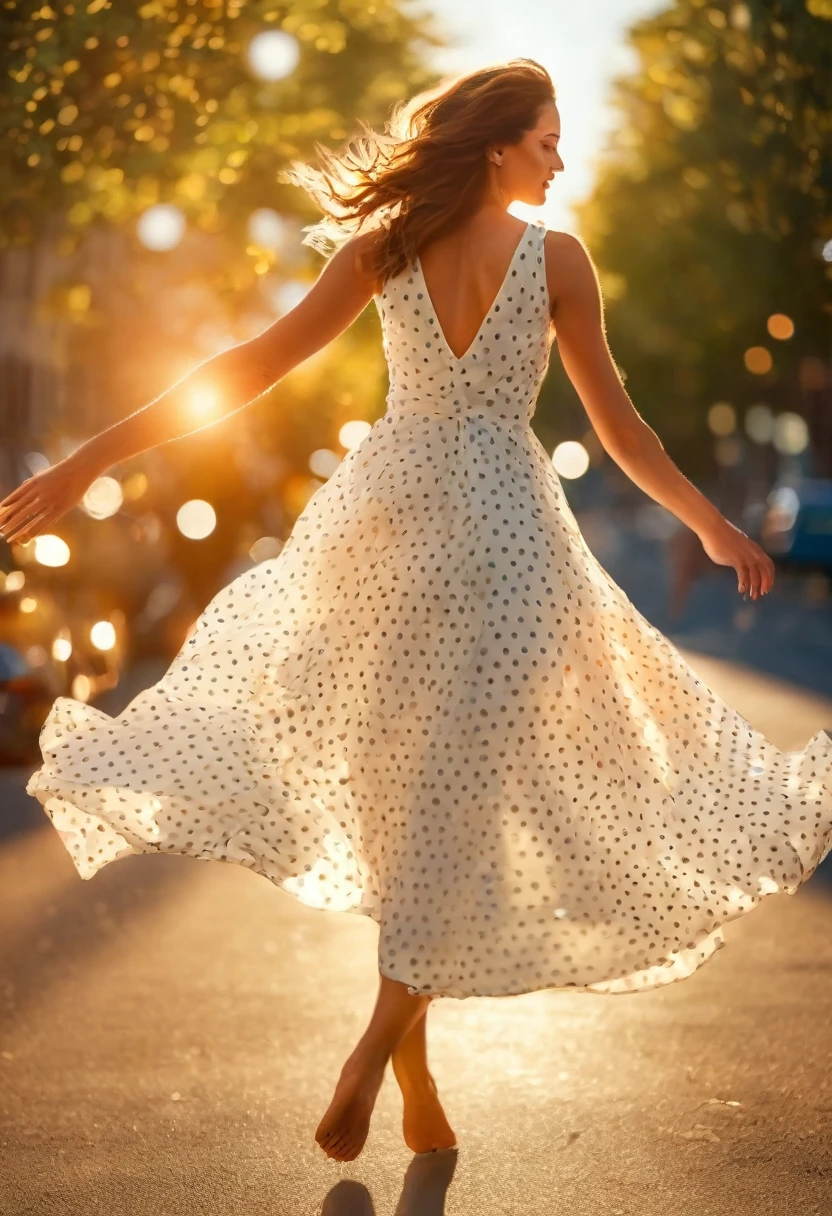 A sexy brown-haired woman in a translucent airy white polka dot dress fluttering in the wind barefoot on a clean street holds the dress, strong wind, Genre painting, glowing light, ray tracing, backlighting, image fill, rotational symmetry, pov, wide shot, from below, from side, bokeh, lens flare, 35mm, f/1.8, Hasselblad, cinematic lighting, anatomically correct, UHD, retina, ccurate, masterpiece, super detail, best quality, 8k, bright light, perfect eyes, blacklight makeup, ambr1
