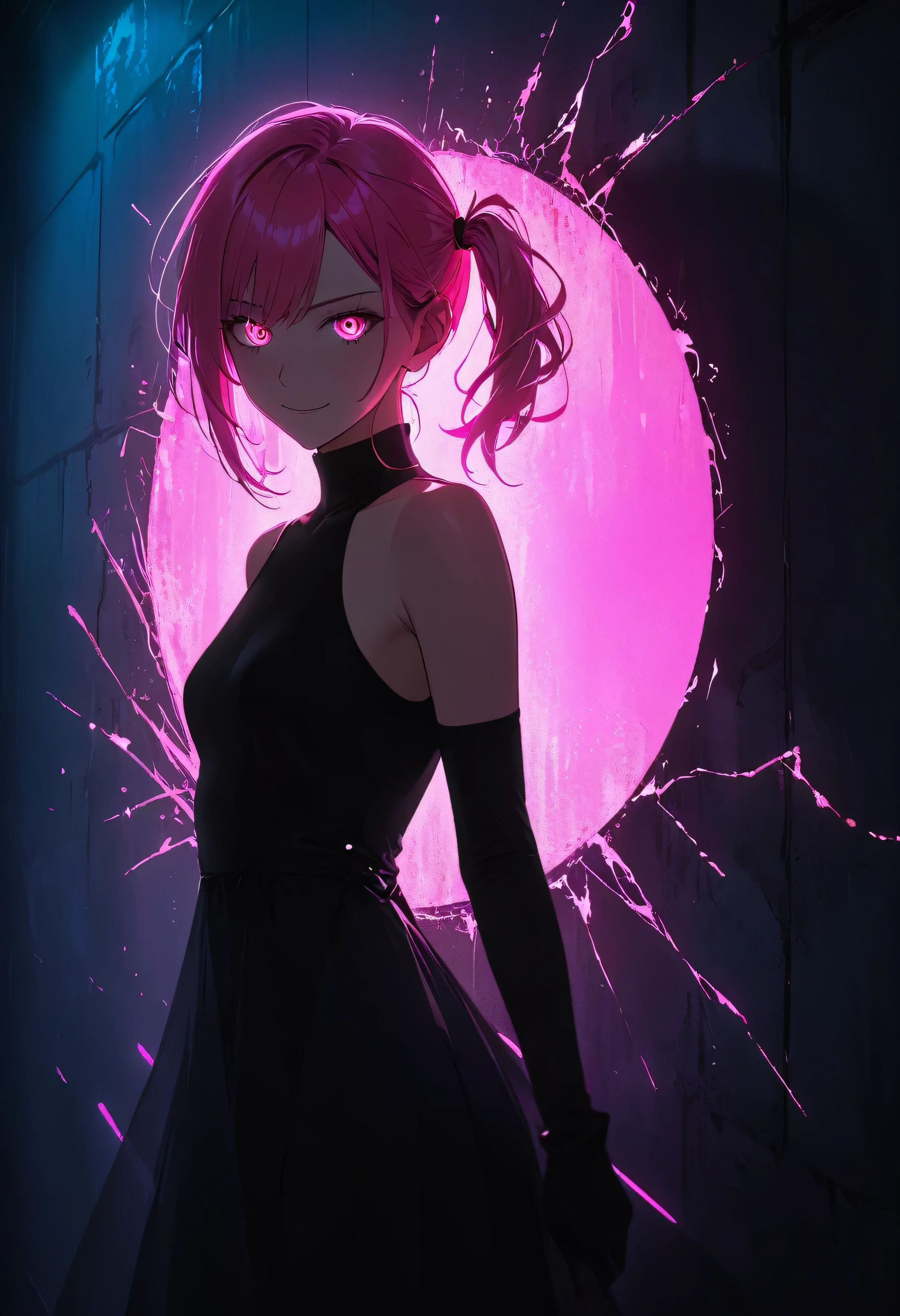 (Mysterious Giant Eye Portrait), indoor, Fluorescent lighting, (Shrouded in darkness, Wall Background, Black background, Shadow, Extreme darkness:2.0), Minimalist graffiti style background, Fluorescent pink eye doodle, Dark atmosphere, One girl, Oversized black t-shirt, Middle chest, Waistless T-shirt, Underbust, Blurred Background, Blurred foreground, Neon pink glowing hair, Neon pink glowing eyes, Bare shoulders, Show your armpits, , Knee-high boots, pink eye Shadow, Eye of Destruction, poker face, silhouette, Cowboy Shot, Surrealism, perspective, Cowboy Shot, throw, Ultra-high resolution, Anatomically correct, Super Detail, highest quality, 16k, masterpiece,evil smile,laugh at,flat chest,twintail,