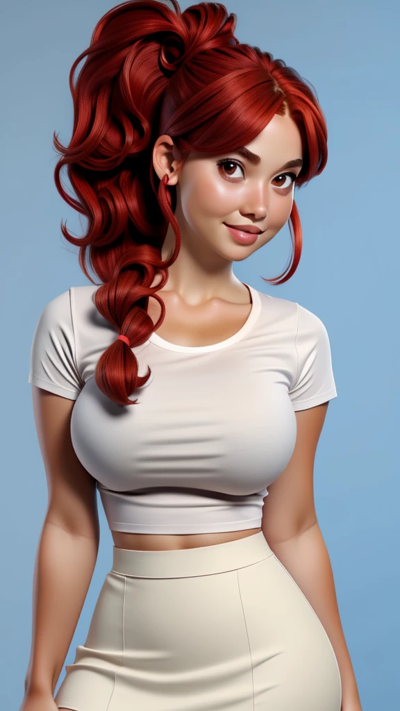 red hair, ponytail, wavy hair, big breasts, thick body, brown eyes, solo, upper body, looking at viewer, white top, t-shirt, black mini skirt, blue background, simple background, 