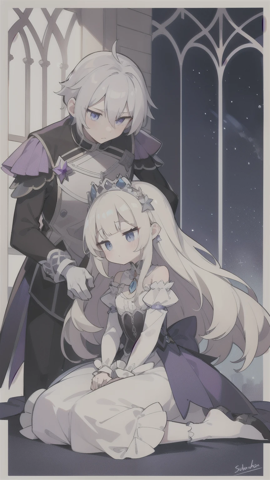 The princess with long platinum blonde hair and blue eyes was standing、A silver-haired, purple-eyed servant kneels and kisses the back of the princess' hand.