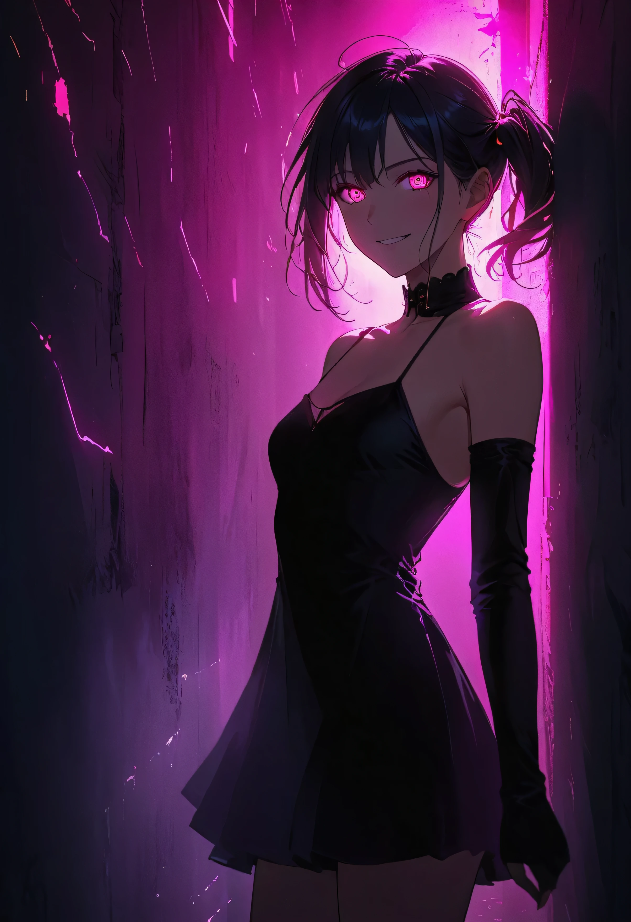 (Mysterious Giant Eye Portrait), indoor, Fluorescent lighting, (Shrouded in darkness, Wall Background, Black background, Shadow, Extreme darkness:2.0), Minimalist graffiti style background, Fluorescent pink eye doodle, Dark atmosphere, One girl, Oversized black t-shirt, Middle chest, Waistless T-shirt, Underbust, Blurred Background, Blurred foreground, Neon pink glowing hair, Neon pink glowing eyes, Bare shoulders, Show your armpits, , Knee-high boots, pink eye Shadow, Eye of Destruction, poker face, silhouette, Cowboy Shot, Surrealism, perspective, Cowboy Shot, throw, Ultra-high resolution, Anatomically correct, Super Detail, highest quality, 16k, masterpiece,evil smile,laugh at,flat chest,twintail,