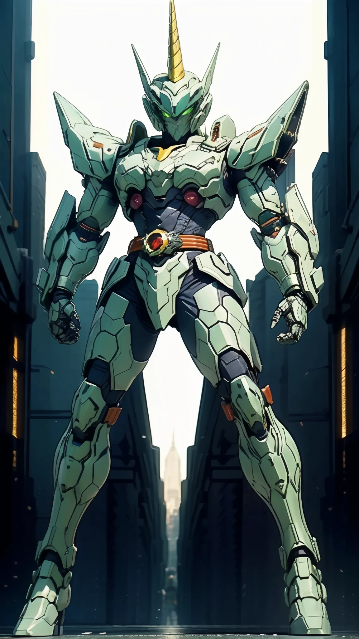 A man wearing a full-face helmet, a fantasy-style biotech armored combat suit, green eyes, (a composite layered chest armor), fully enclosed shoulder guards, matching arm and leg guards, the belt is adorned with Horseshoe-shaped marker, (the color scheme is primarily white with green accents), the design balances heavy with agility, a high-tech bio-mecha armor, (Armor Concept Inspired by Unicorn, stand on the top of a skyscraper in a futuristic sci-fi city), this character embodies a finely crafted fantasy-surreal style armored hero in anime style, exquisite and mature manga art style, (battle damage, element, plasma, energy, the armor glows), ((male:1.5)), metallic, real texture material, dramatic, high definition, best quality, highres, ultra-detailed, ultra-fine painting, extremely delicate, professional, perfect body proportions, golden ratio, anatomically correct, symmetrical face, extremely detailed eyes and face, high quality eyes, creativity, RAW photo, UHD, 32k, Natural light, cinematic lighting, masterpiece-anatomy-perfect, masterpiece:1.5