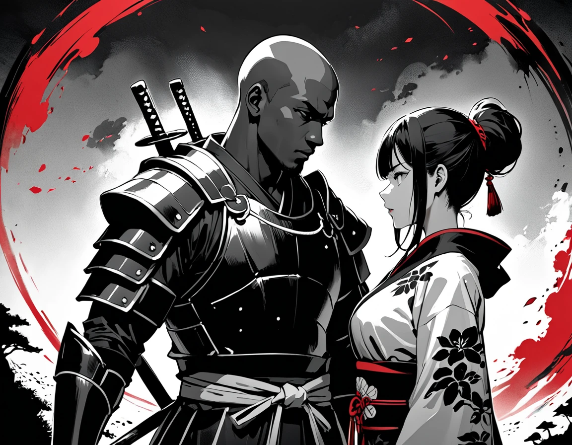 (masterpiece, best quality:1.1),Ink painting style,Ink brush paint,Calligraphy brush paint,,red in monochrome,An African man in samurai armor and a ninja girl are glaring at each other,night,sharp,