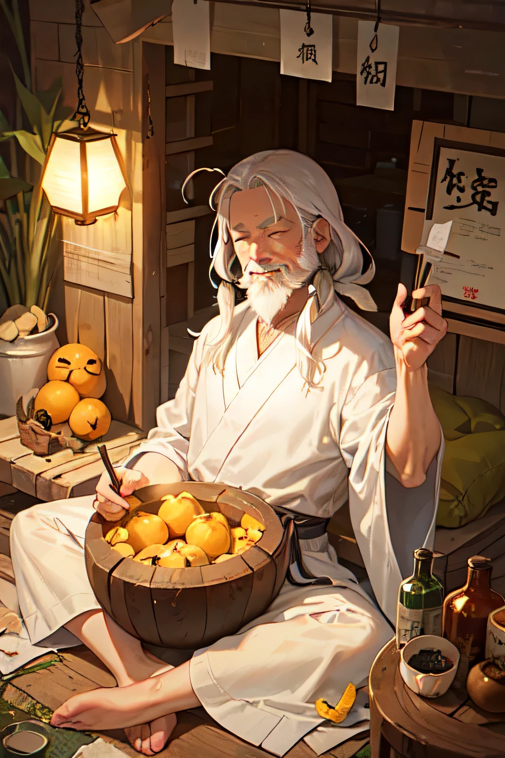 (detailed old vagabond with white hair and long white beard:1.3), wrinkles, closed eyes, tender smile, (thin body), very old Tattered shabby Japanese robe cloth, ink painting style, (sepia color), dynamic angle, sake in bottle gourd Calabash, (small hut on magnificent Chinese peak rock mountains:1.1), BREAK a girl,