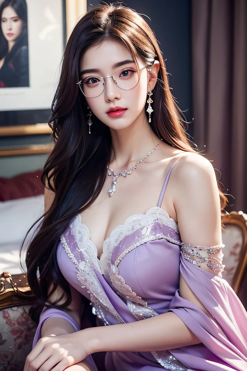 Top CG, Highest image quality, masterpiece, Gentle and beautiful girl, (185cm美女), (fit), Imperial sister, Queen temperament, White skin, ((Long legs)), perfect facial features, Bright Eyes, Seductive pose, Red lips, Beautiful and cold (A major breakthrough)), Beautiful and heroic, Soft and long hair, Glittering, Lace, net, Visible through clear skin, wear glasses, diamond earrings, ruby neckLace, (Purple dress), 8K Image Quality, (Realistic Portraits), Characters fill the screen, (Facial lighting), ((eternal)
