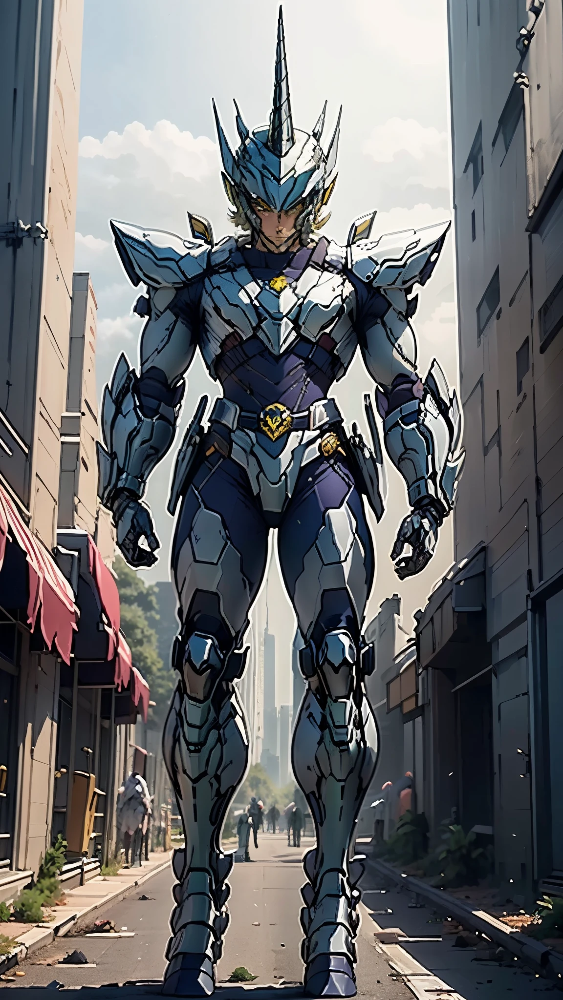 A man wearing a full-face helmet, a fantasy-style biotech armored combat suit, green eyes, (a composite layered chest armor), fully enclosed shoulder guards, matching arm and leg guards, the belt is adorned with Horseshoe-shaped marker, (the color scheme is primarily white with green accents), the design balances heavy with agility, a high-tech bio-mecha armor, (Armor Concept Inspired by Unicorn, stand on the top of a skyscraper in a futuristic sci-fi city), this character embodies a finely crafted fantasy-surreal style armored hero in anime style, exquisite and mature manga art style, (battle damage, element, plasma, energy, the armor glows), ((male:1.5)), metallic, real texture material, dramatic, high definition, best quality, highres, ultra-detailed, ultra-fine painting, extremely delicate, professional, perfect body proportions, golden ratio, anatomically correct, symmetrical face, extremely detailed eyes and face, high quality eyes, creativity, RAW photo, UHD, 32k, Natural light, cinematic lighting, masterpiece-anatomy-perfect, masterpiece:1.5