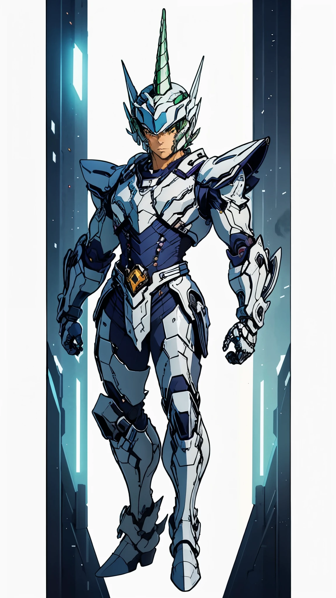A man wearing a full-face helmet, a fantasy-style biotech armored combat suit, green eyes, (a composite layered chest armor), fully enclosed shoulder guards, matching arm and leg guards, the belt is adorned with Horseshoe-shaped marker, (the color scheme is primarily white with green accents), the design balances heavy with agility, a high-tech bio-mecha armor, (Armor Concept Inspired by Unicorn, stand on the top of a skyscraper in a futuristic sci-fi city), this character embodies a finely crafted fantasy-surreal style armored hero in anime style, exquisite and mature manga art style, (battle damage, element, plasma, energy, the armor glows), ((male:1.5)), metallic, real texture material, dramatic, high definition, best quality, highres, ultra-detailed, ultra-fine painting, extremely delicate, professional, perfect body proportions, golden ratio, anatomically correct, symmetrical face, extremely detailed eyes and face, high quality eyes, creativity, RAW photo, UHD, 32k, Natural light, cinematic lighting, masterpiece-anatomy-perfect, masterpiece:1.5