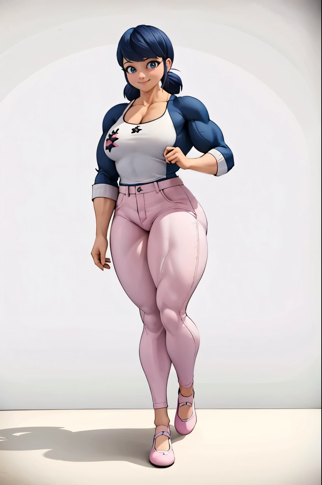 (big muscular female bodybuilder, beautiful detailed eyes, beautiful detailed lips:1.1,strong physique, two short pigtails, (smile), ( Marinette wears a white printed shirt ), ((( dark pink jean's , plane jean's, without pattern))) black jacket,, and ballet flats.), lifting weight, muscular arms and legs:1.2, toned abs, powerful expression,sweating:1.1, bed background:0.9, intense focus:1.1, vibrant colors, dramatic lighting), rippling muscles,sturdy frame,dark tan,fit around the waist,tight abs,strong arms and shoulders,intense expression,determined look,well-defined muscles and veins,straining muscles,artistic pose,steely gaze,side lighting,powerful presence,vivid colors,dynamic composition,studio lighting,physically-based rendering,athletic build,bodybuilding silhouette,professional,gritty texture,bokeh.