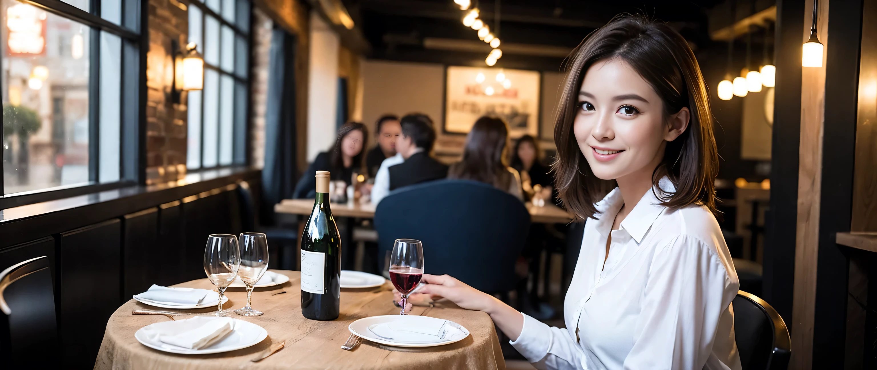 ((highest quality、8k、masterpiece:1.3))、1 male 1 female、Couple、lover、Couple、Slim body、((Bob Hale、Straight hair:1.2))、(Realistic, Intricate details:1.2), Wine glass on the table、Put the light on your face、 Amazing view of the sunset sky and clouds、Amazing mountain views、A bright smile、A lovely woman with a smile、Bright image、2. The beauty of wine, Beautiful Face, blue eyes, The light shines on your face, Blushing, short hair,Bright Face、Fox face、 (40 years old), 39 years old, Lady、red wine 、Appetizers、Italian food、Wine bottle、Champagne、sparkling wine、Two beauties、Brown Hair、Shortcuts、Long sleeve shirt、dress、Pretty Woman 1, (Slim face), (The body is slim), (Brown Hair), (Shortcuts), cheeks turn a little red,Attractive beauty、, Out of the window, A beautiful and detailed night view unfolds.........., restaurant, In a prominent place (From the waist up) Nova Frog Style, actress, model, Upper Body, White wine, slim, wine glass, A wine glass placed in the middle, smile, (smile: 1.15), Beautiful fine grain, Depth f/2,saturation, High Contrast, Strong light and shadow,Moist Body:1.5、3D texture、Delicate eyes、Brown Hair、The hair is very shiny、