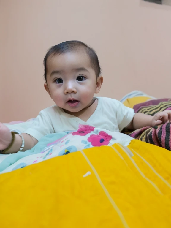 There was a baby lying on the bed, Cute boy, with cute doting eyes, Young cute baby,Short hair,Look at the camera with your mouth open, bao pham, looking at the camera in!!!