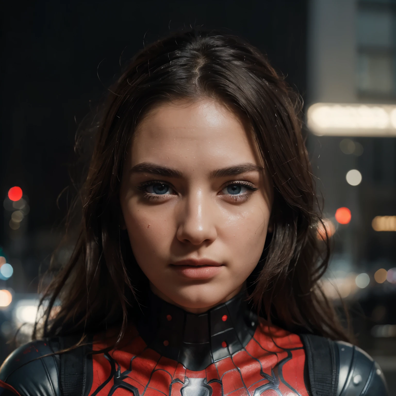 (1girl:1.3), Solo, (((Very detailed face)))), ((Very detailed eyes and face)))), Beautiful detail eyes, Body parts__, Official art, Unified 8k wallpaper, Super detailed, beautiful and beautiful, beautiful, masterpiece, best quality, original, masterpiece, super fine photo, best quality, super high resolution, realistic realism, sunlight, full body portrait, amazing beauty, dynamic pose, delicate face, vibrant eyes, (from the front), She wears Spider-Man suit, red and black color scheme, spider, very detailed city roof background, rooftop, overlooking the city, detailed face, detailed complex busy background, messy, gorgeous, milky white, highly detailed skin, realistic skin details, visible pores, clear focus, volumetric fog, 8k uhd, DSLR, high quality, film grain, fair skin, photo realism, lomography, futuristic dystopian megalopolis, translucent