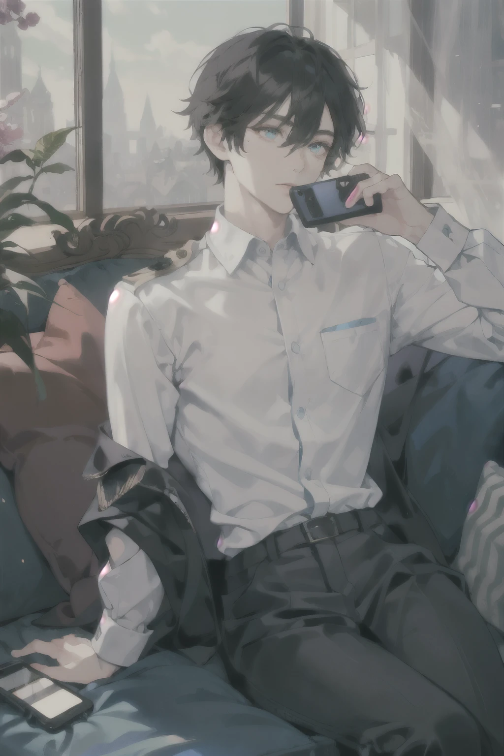 masterpiece, best quality, ultra detailed, (solo man), (male focus), ((Oblong face)), ((Square jawline)), black hair, ((hairs between eyes)), ((shoulder length)), ((narrow blue eye)), fair skin, skinny body, beauty mark, {uniform, outfit, clothes}, dress shirt, watch, holding a phone, sitting on sofa