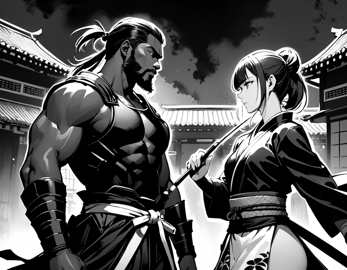 (masterpiece, best quality:1.1),Ink painting style,Ink brush paint,Calligraphy brush paint,,red in monochrome,An African man in samurai armor and a ninja girl are glaring at each other,beard,night,sharp,