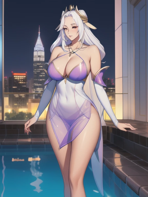 WZRY becomes YP, 1 Girl, (((Large Breasts、Low-cut，Cleavage, Wide hips,)))((Long legs)),Hourglass figure,Solitary, white hair, long hair, Jewelry, Bare shoulders, Separate sleeves, skirt, Hair accessories, looking at the audience, necklace, city View, night, pool,twice as good,Ribbon, A faint smile, transparent, Parted bangs,