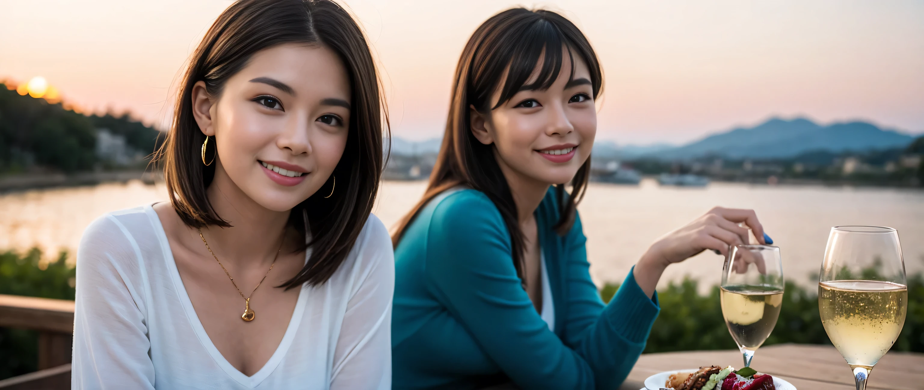 ((highest quality、8k、masterpiece:1.3))、1 male 1 female、Couple、lover、Couple、Slim body、((Bob Hale、Straight hair:1.2)), (Realistic, Intricate details:1.2), Wine glass on the table、Put the light on your face、 Amazing view of the sunset sky and clouds、Amazing mountain views、A bright smile、The wonderfulness of smile、Bright image、The beauty of wine, Beautiful Face, blue eyes, The light shines on your face, Blushing, short hair,Bright Face、 (Age 37), 39 years old, red wine 、Appetizers、Italian food、Wine bottle、Champagne、sparkling wine、Two beauties、Brown Hair、Shortcuts、Long sleeve shirt、dress、Pretty Woman 1, (Slim face), (The body is slim), (Brown Hair), (Shortcuts), cheeks turn a little red,Attractive beauty、restaurant, In a prominent place (From the waist up) Nova Frog Style, actress, model, Upper Body, White wine, slim, wine glass, A wine glass placed in the middle, smile, (smile: 1.15), Beautiful fine grain, Depth f/2,saturation, High Contrast, Strong light and shadow,Moist Body:1.5、3D texture、Delicate eyes、Brown Hair、The hair is very shiny、