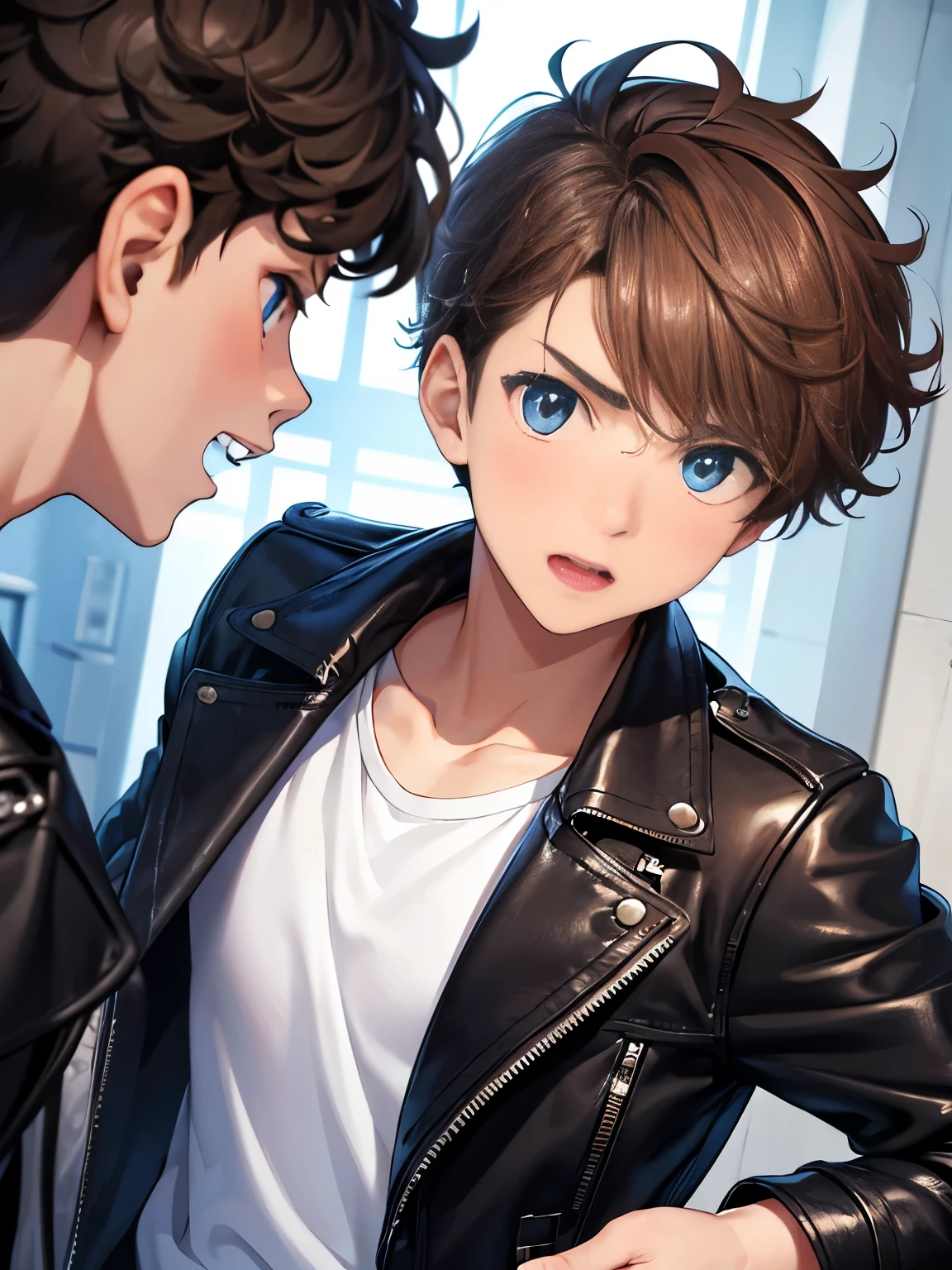 1boy,guy,Standing, Shocked expression, teeth showing, close up photo,18 years old,Curly hair,blue eyes,medium hair,undercut hairstyle,light brown hair,black jacket,Leather jacket,white t-shirt,white trousers,morning,ultra detail,masterpiece