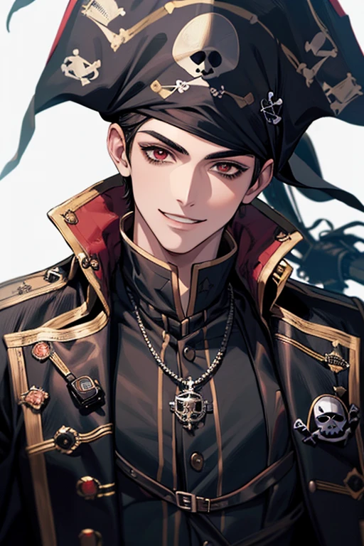 (muste piece), (best quality), extremely detailed, 1 boy, solo, perfect face, pretty face, highly detailed face,black short hair, black eyebrows、Handsome boy, smiling, black pirate outfit with red outline coat, dark brown eyes、(((pirate)))、