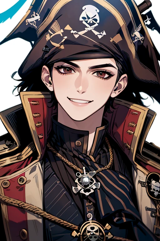 (muste piece), (best quality), extremely detailed, 1 boy, solo, perfect face, pretty face, highly detailed face,black short hair, black eyebrows、Handsome boy, smiling, black pirate outfit with red outline coat, dark brown eyes、(((pirate)))、