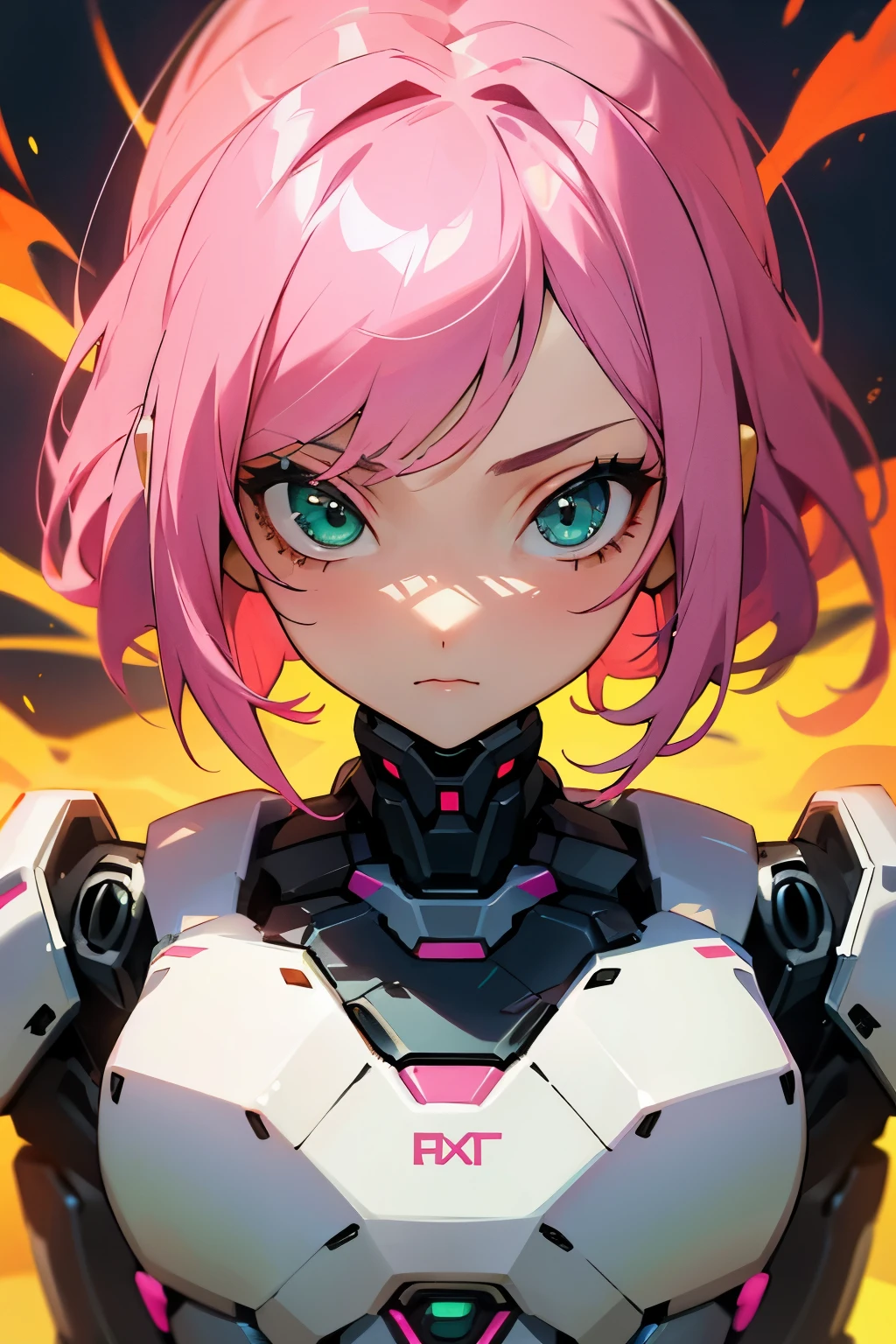 Girl, Robot, Pink hair, green eyes,🤖🔥