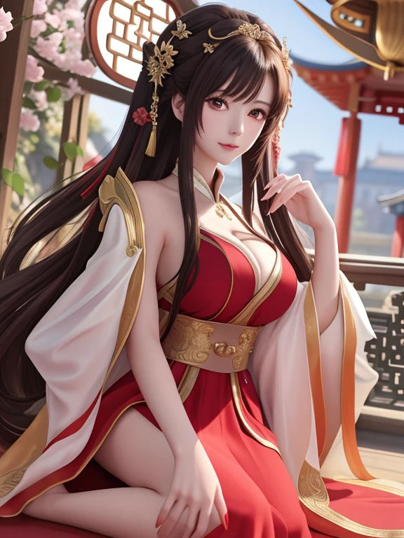 Close-up of a woman in a red dress,She is posing for a picture, Popular on CGSTATION, Beautiful and attractive anime woman, author:Yang Jie, Beautiful character painting, Trends of cgstation, palace, Girl wearing Hanfu, anime long hair girl, Beautiful anime woman, Chinese, Chinese Girl, (((Large Breasts、Low-cut,Cleavage, Wide hips,)))((Long legs)),Hourglass figure,Gouwez, Beautiful anime girl, 8K, Ultra-clear, Beautifully