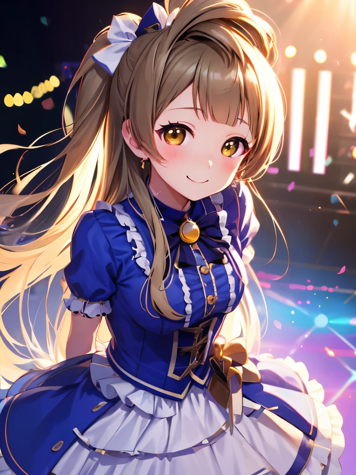 Kotori Minami、High resolution, highest quality, super high quality,3D Images、smile、Kotori Minami、Idolの衣装、Hands Behind Back、、stage、Absolute reference to the center、Cute no matter who looks at it ,Idol、Absolute reference to center、whole body, alone,Cinematic lighting、blush、Beautifully styled hair,8k images、Best Photos, Realistic, Soft Light、Cowboy Shot、Leaning forward
