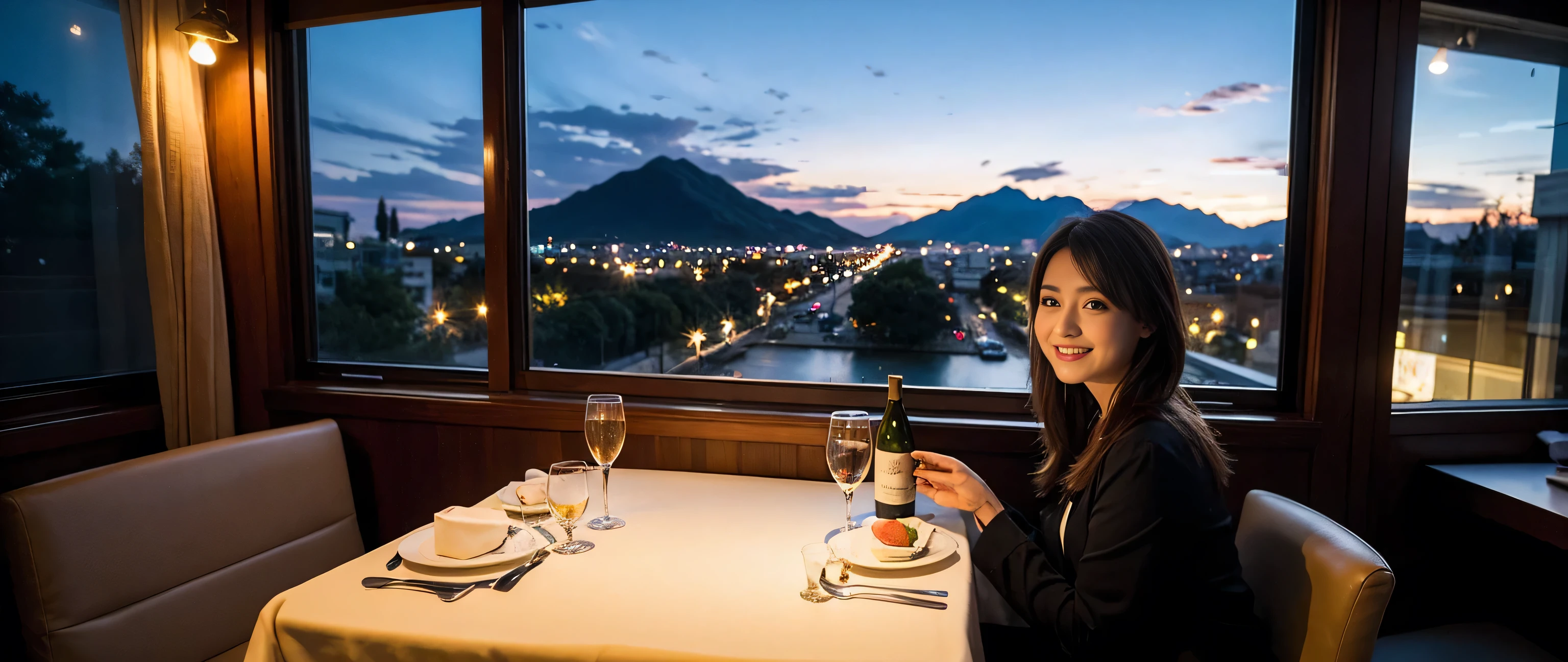 ((highest quality、8k、masterpiece:1.3))、1 male 1 female、Couple、lover、Couple、Slim body、((Bob Hale、Straight hair:1.2))、 (Realistic, Intricate details:1.2), Wine glass on the table、Put the light on your face、 Amazing view of the sunset sky and clouds、Amazing mountain views、A bright smile、The wonderfulness of smile、Bright image、The beauty of wine, Beautiful Face, blue eyes, The light shines on your face, Blushing, short hair,Bright Face、 (36 years old), 39 years old, red wine 、Appetizers、Italian food、Wine bottle、Champagne、sparkling wine、Two beauties、Brown Hair、Shortcuts、Long sleeve shirt、dress、Pretty Woman 1, (Slim face), (The body is slim), (Brown Hair), (Shortcuts), cheeks turn a little red,Attractive beauty、, Out of the window, A beautiful and detailed night view unfolds.........., restaurant, In a prominent place (From the waist up) Nova Frog Style, actress, model, Upper Body, White wine, slim, wine glass, A wine glass placed in the middle, smile, (smile: 1.15), Beautiful fine grain, Depth f/2,saturation, High Contrast, Strong light and shadow,Moist Body:1.5、3D texture、Delicate eyes、Brown Hair、The hair is very shiny、