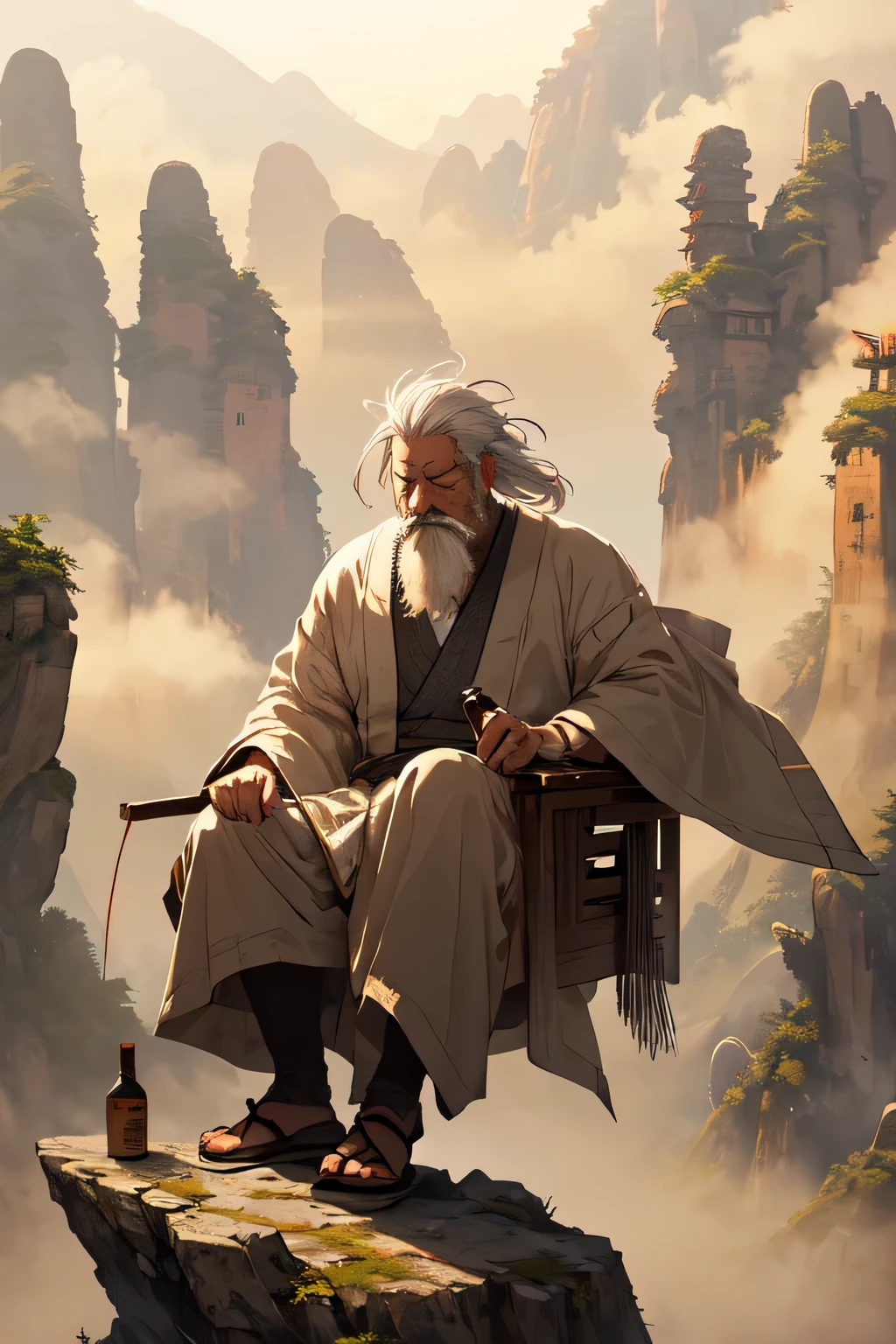  (detailed old vagabond with white hair and long white beard:1.3), closed eyes, tender smile, very old Tattered shabby Japanese robe cloth, (on Chinese cloud, Flying Nimbus:1.2), ink painting style, (sepia color), dynamic pose, dynamic angle, sake in bottle gourd Calabash, (magnificent foggy and cloudy Chinese peak rock mountains:1.1)