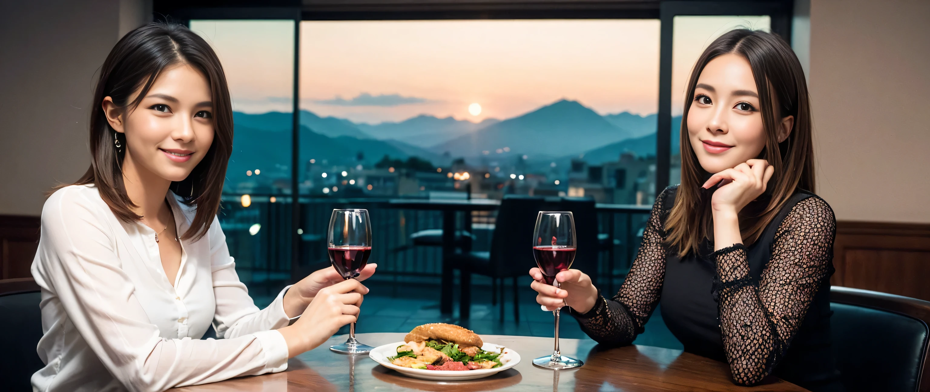 ((highest quality、8k、masterpiece:1.3))、1 male 1 female、Couple、lover、Couple、Slim body、((Bob Hale、Straight hair:1.2))、 (Realistic, Intricate details:1.2), Wine glass on the table、Put the light on your face、 Amazing view of the sunset sky and clouds、Amazing mountain views、A bright smile、The wonderfulness of smile、Bright image、The beauty of wine, Beautiful Face, blue eyes, The light shines on your face, Blushing, short hair,Bright Face、 (36 years old), 39 years old, red wine 、Appetizers、Italian food、Wine bottle、Champagne、sparkling wine、Two beauties、Brown Hair、Shortcuts、Long sleeve shirt、dress、Pretty Woman 1, (Slim face), (The body is slim), (Brown Hair), (Shortcuts), cheeks turn a little red,Attractive beauty、, Out of the window, A beautiful and detailed night view unfolds.........., restaurant, In a prominent place (From the waist up) Nova Frog Style, actress, model, Upper Body, White wine, slim, wine glass, A wine glass placed in the middle, smile, (smile: 1.15), Beautiful fine grain, Depth f/2,saturation, High Contrast, Strong light and shadow,Moist Body:1.5、3D texture、Delicate eyes、Brown Hair、The hair is very shiny、