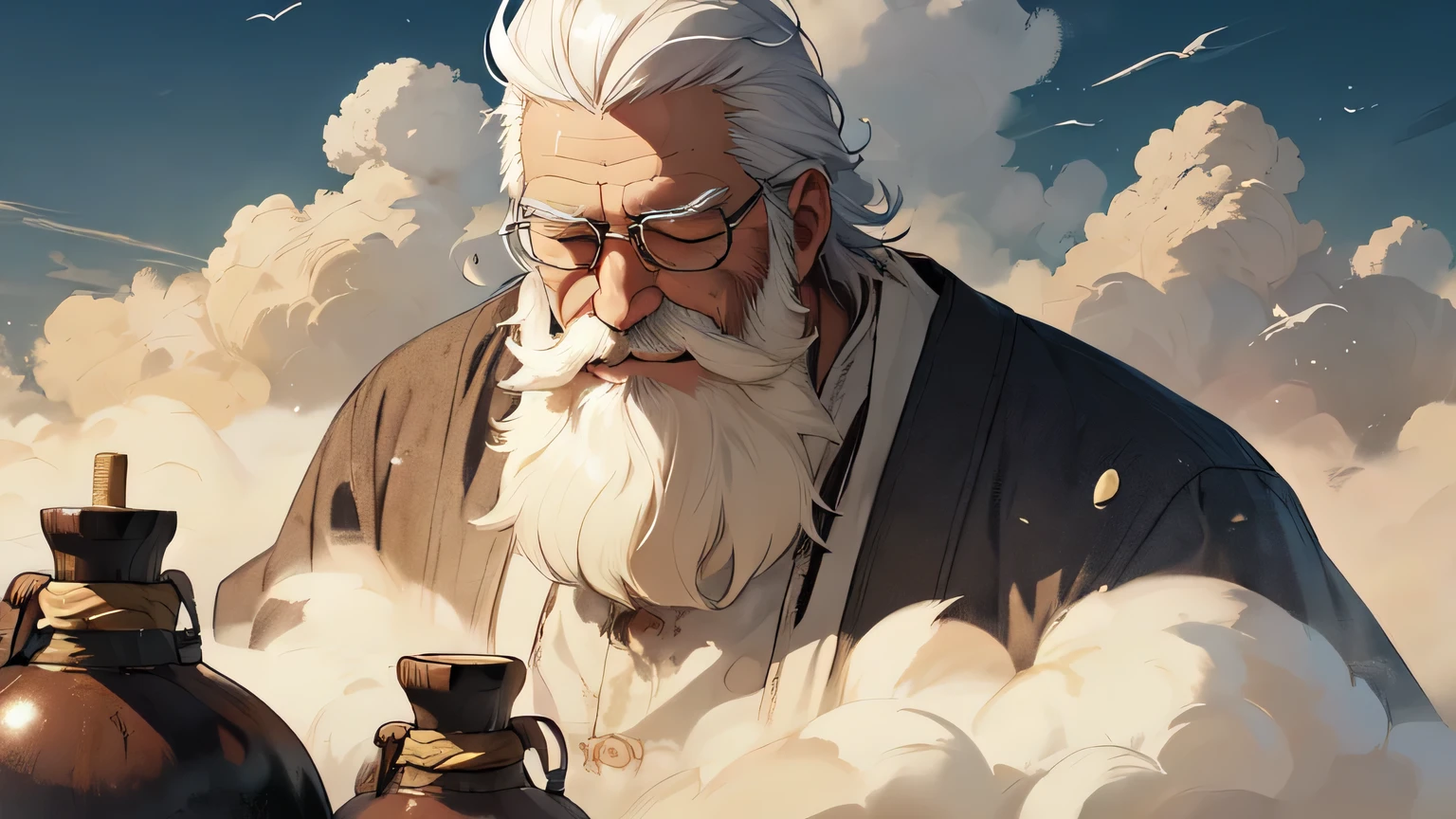 (detailed old vagabond with white hair and long white beard:1.3), closed eyes, tender smile, very old Tattered shabby Japanese robe cloth, (on Chinese cloud, Flying Nimbus:1.2), ink painting style, (sepia color), dynamic pose, dynamic angle, sake in bottle gourd Calabash, (magnificent foggy and cloudy Chinese peak rock mountains:1.1)