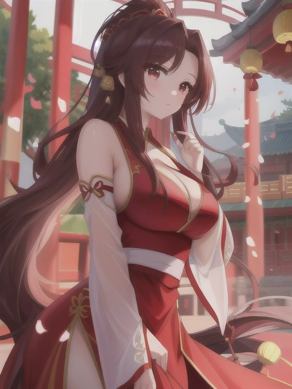 Close-up of a woman in a red dress,She is posing for a picture, Popular on CGSTATION, Beautiful and attractive anime woman, author:Yang Jie, Beautiful character painting, Trends of cgstation, palace, Girl wearing Hanfu, anime long hair girl, Beautiful anime woman, Chinese, Chinese Girl, (((Large Breasts、Low-cut,Cleavage, Wide hips,)))((Long legs)),Hourglass figure,Gouwez, Beautiful anime girl, 8K, Ultra-clear, Beautifully