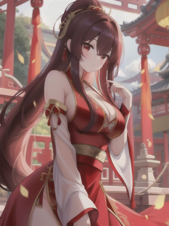 Close-up of a woman in a red dress，She is posing for a picture, Popular on CGSTATION, Beautiful and attractive anime woman, author：Yang Jie, Beautiful character painting, Trends of cgstation, palace, Girl wearing Hanfu, anime long hair girl, Beautiful anime woman, Chinese, Chinese Girl, (((Large Breasts、Low-cut，Cleavage, Wide hips,)))((Long legs)),Hourglass figure,Gouwez, Beautiful anime girl, 8K, Ultra-clear, Beautifully