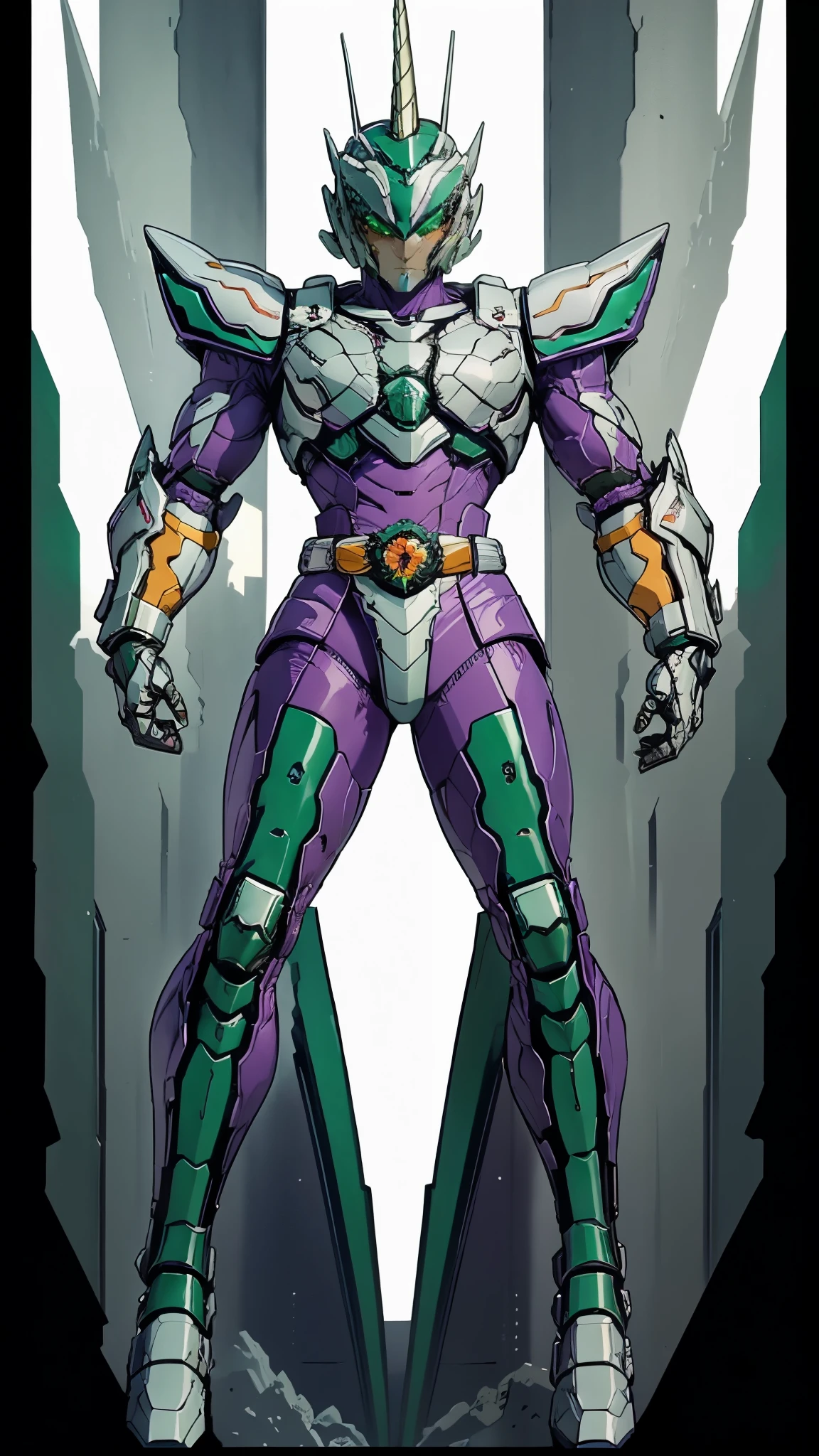 A man wearing a full-face helmet, a fantasy-style biotech armored combat suit, green eyes, (a composite layered chest armor), fully enclosed shoulder guards, matching arm and leg guards, the belt is adorned with Horseshoe-shaped marker, (the color scheme is primarily white with green accents), the design balances heavy with agility, a high-tech bio-mecha armor, (Armor Concept Inspired by Unicorn, stand on the top of a skyscraper in a futuristic sci-fi city), this character embodies a finely crafted fantasy-surreal style armored hero in anime style, exquisite and mature manga art style, (battle damage, element, plasma, energy, the armor glows), ((male:1.5)), metallic, real texture material, dramatic, high definition, best quality, highres, ultra-detailed, ultra-fine painting, extremely delicate, professional, perfect body proportions, golden ratio, anatomically correct, symmetrical face, extremely detailed eyes and face, high quality eyes, creativity, RAW photo, UHD, 32k, Natural light, cinematic lighting, masterpiece-anatomy-perfect, masterpiece:1.5