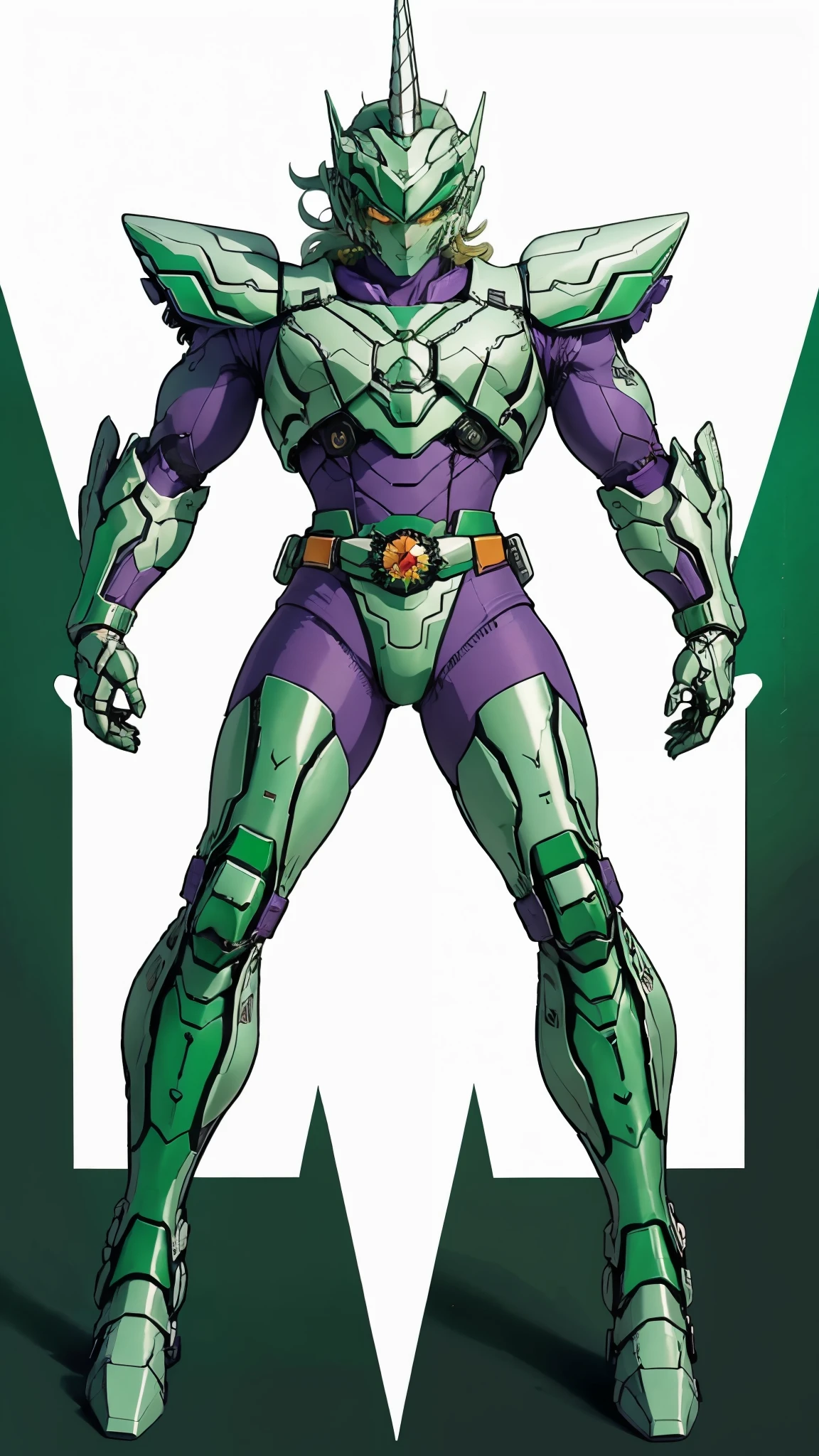 A man wearing a full-face helmet, a fantasy-style biotech armored combat suit, green eyes, (a composite layered chest armor), fully enclosed shoulder guards, matching arm and leg guards, the belt is adorned with Horseshoe-shaped marker, (the color scheme is primarily white with green accents), the design balances heavy with agility, a high-tech bio-mecha armor, (Armor Concept Inspired by Unicorn, stand on the top of a skyscraper in a futuristic sci-fi city), this character embodies a finely crafted fantasy-surreal style armored hero in anime style, exquisite and mature manga art style, (battle damage, element, plasma, energy, the armor glows), ((male:1.5)), metallic, real texture material, dramatic, high definition, best quality, highres, ultra-detailed, ultra-fine painting, extremely delicate, professional, perfect body proportions, golden ratio, anatomically correct, symmetrical face, extremely detailed eyes and face, high quality eyes, creativity, RAW photo, UHD, 32k, Natural light, cinematic lighting, masterpiece-anatomy-perfect, masterpiece:1.5