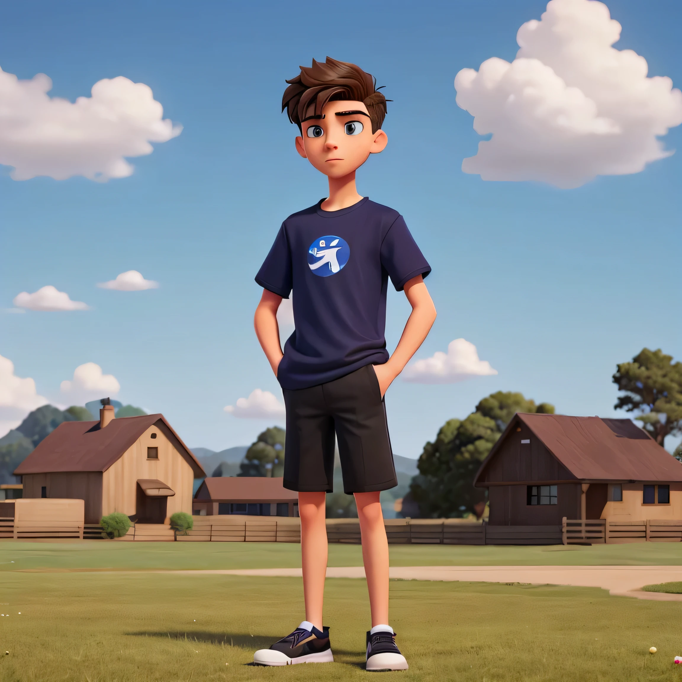 Jake is a tall and slender teenager with short, dark hair and a serious expression. He is wearing a navy blue sports t-shirt with a Nike logo and black trousers with a small red Jordan logo. His look is athletic and casual, standing in an open grassy field with a clear sky and some houses in the background. Jake's posture is relaxed, with his arms resting by his sides.