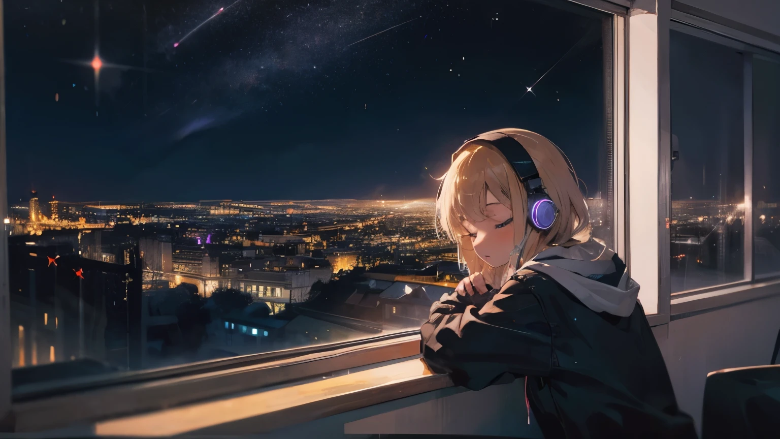 beautiful girl, High resolution, View from the room window, I have headphones on, The city is sparkling, night. Falling asleep, 