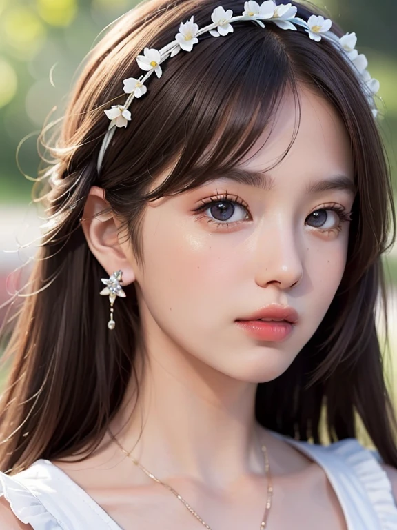 (Highest quality details:1.2), Realistic, 8K Ultra HD, High resolution, Fujifilm(Medium format), Hasselblad, Carl Zeiss, Incredible dynamic range photography(utility_art:Smoose-768:1.1), (One Girl:1.2), Super detailed, High quality textures, Intricate details, detailed, Very detailed CG, High Quality Shadows, detailed Beautiful and delicate face, detailed Beautiful and delicate eyes, Depth of written boundary, Ray Tracing, 20 years old, Cute Japanese Girl, face close up, Narrow Face, Glossy lips, Glowing Eyes, Glowing Eyes, Perfect body, View the viewer, (Jewelry Earrings), (Eye Color: Brown), (Bright red flower hair ornament), (Long white hair), (Layered Hairstyles), Cover Girl, Fashion Model Style, Maid headband, Pullover Women's Tops