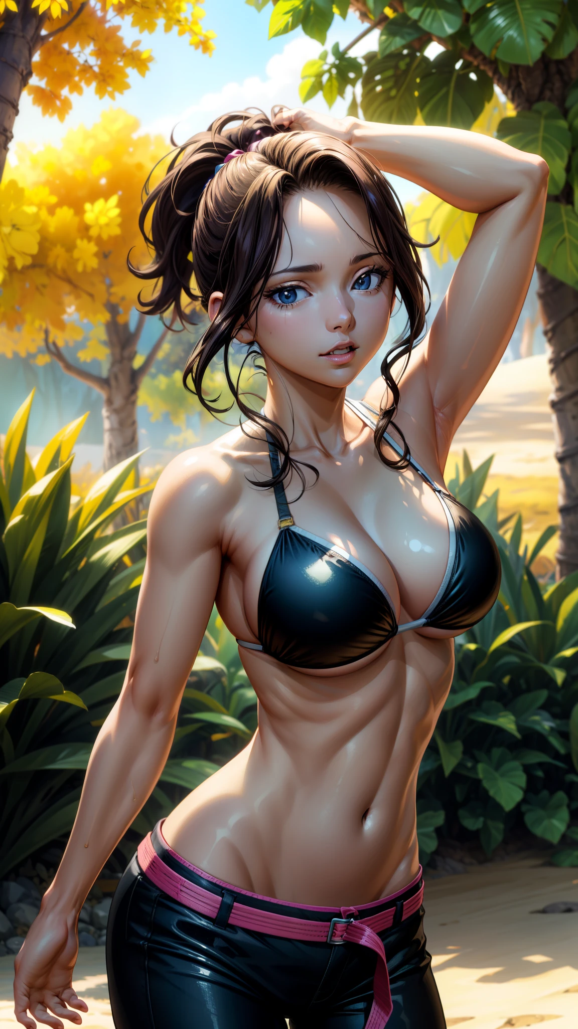 exercise, outdoors,morning,day, sunlight, looking at viewer, bikini, 1girl, masterpiece, absurdres , cinematic lighting,bust shot,extremely detailed CG unity 8k wallpaper, cowboy shot,