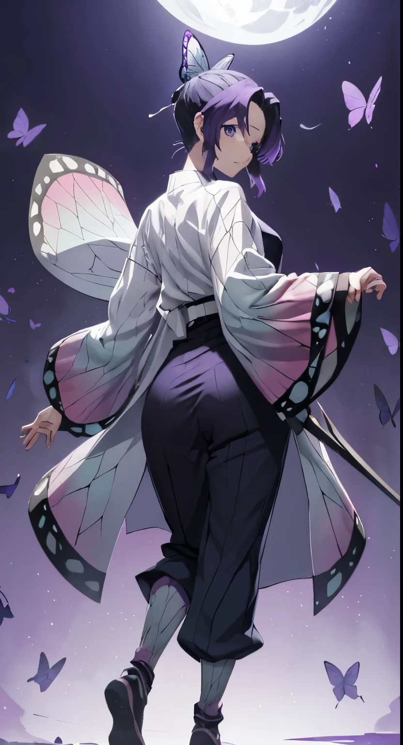 shinobu kochou, long hair, solo, PERFECT ANATOMY, photograph from behind, purple hair, blue eyes, FULL BODY HAKAMA, looking at camera, tight full body hakama, slim waist, thicc thighs, tight clothes cover whole body, perfect ass, 1girl