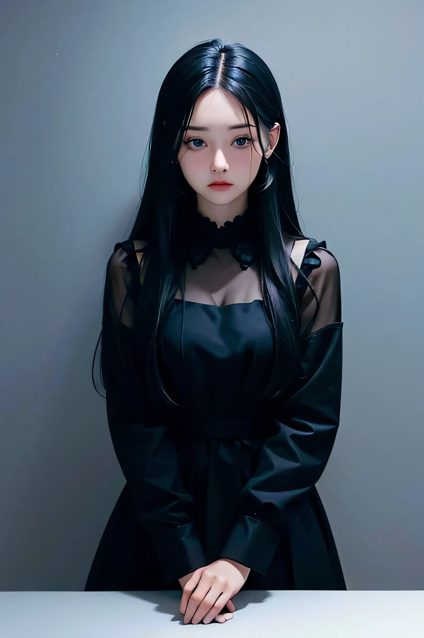 sad girl, black dress, long black hair, blue eyes