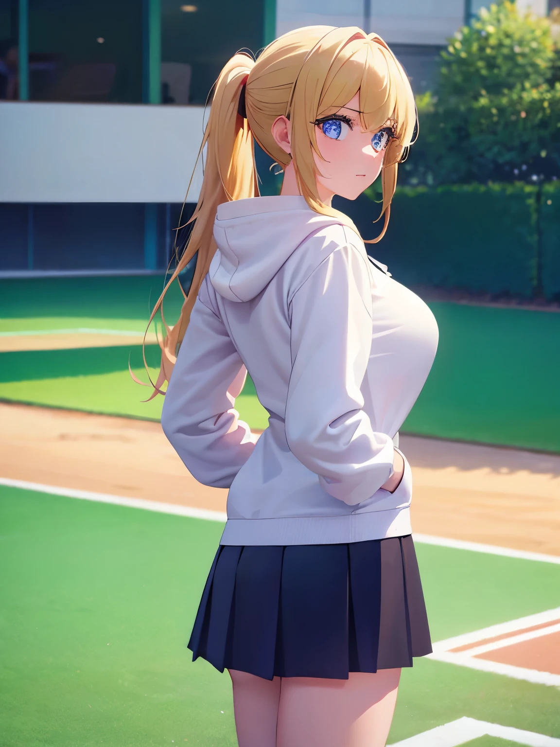 1woman,super beautiful,Standing,Facing right, camera angle from the side, photo from the side, looking away,,half body photo,Beautiful eyes, very detailed face,cute, tennis skirt,HD face, perfect face, white hoodie,long hoodie,black mini skirt,Very big breasts,Blonde hair,long hair,ponytail,bangs,blue eyes,ultra detail,ultra Hd, masterpiece,4k